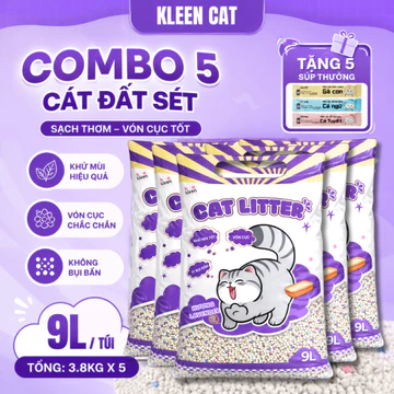 Combo 5 Túi Cát Mèo Vệ Sinh Kleen Cat tải 19KG, Cát Vệ Sinh Cho Mèo Vón Cục Nhanh, Khử Mùi Tốt