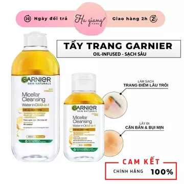 Tẩy Trang Garnier Micellar màu vàng dạng dầu 4 trong 1 - tẩy trang mắt, môi, miệng, mặt trong cùng 1 sản phẩm