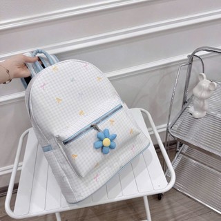 Balo đi học cho nữ họa tiết caro đính nơ tặng kèm móc khóa hoa thêu MIE BAG
