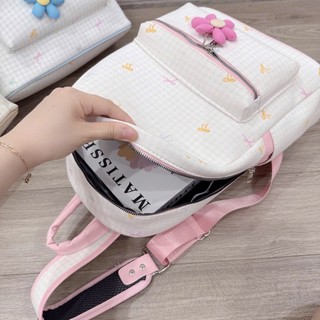 Balo đi học cho nữ họa tiết caro đính nơ tặng kèm móc khóa hoa thêu MIE BAG