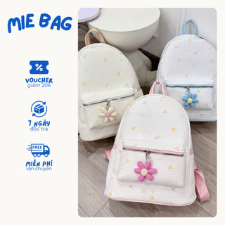 Balo đi học cho nữ họa tiết caro đính nơ tặng kèm móc khóa hoa thêu MIE BAG