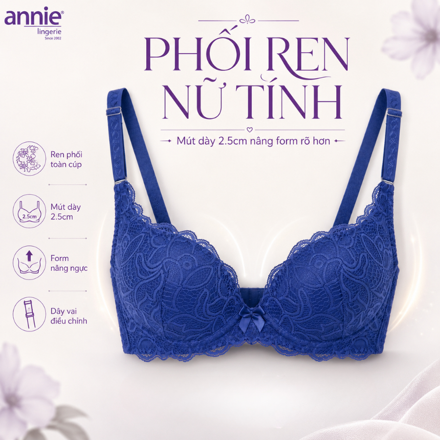 Áo ngực ren 3 móc tạo dáng lưng thon annie BRA8140, mút dày nâng ngực gợi cảm,sang trọng,thoáng mát