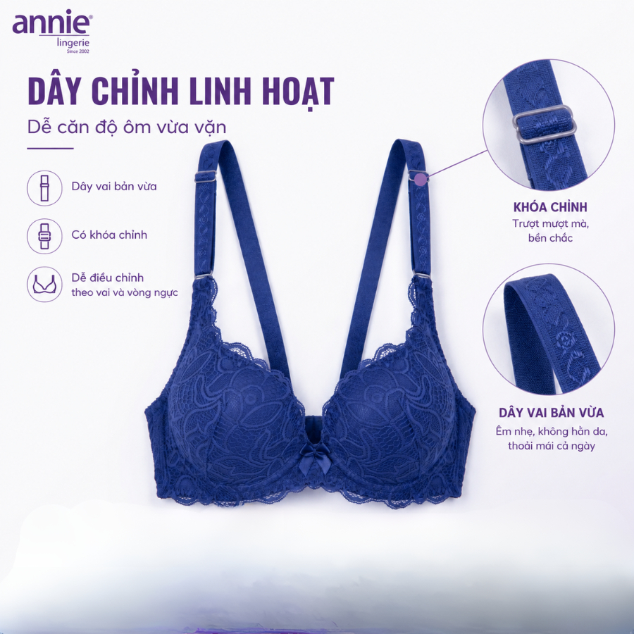 Áo ngực ren 3 móc tạo dáng lưng thon annie BRA8140, mút dày nâng ngực gợi cảm,sang trọng,thoáng mát