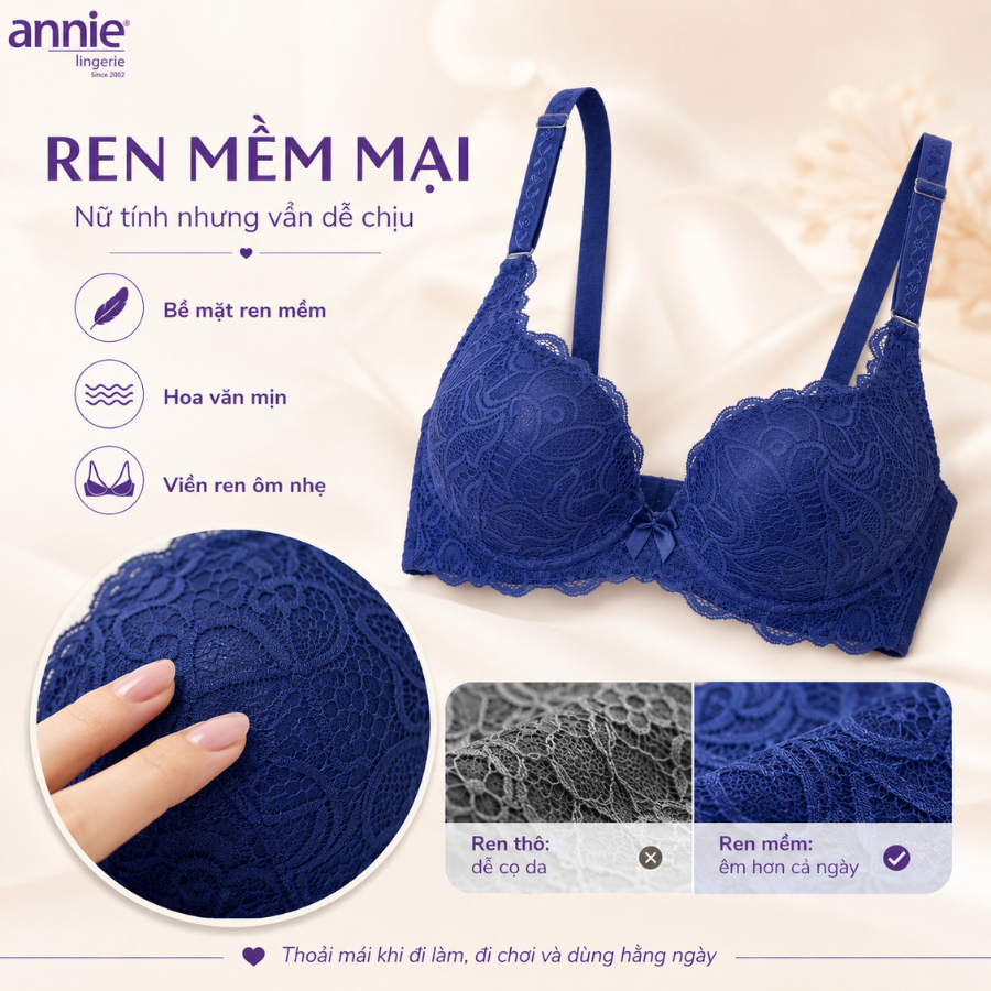 Áo ngực ren 3 móc tạo dáng lưng thon annie BRA8140, mút dày nâng ngực gợi cảm,sang trọng,thoáng mát