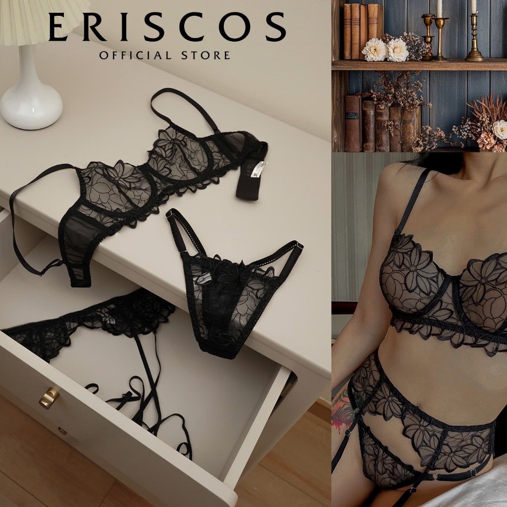 Black rose - Bộ đồ lót ren thuê đen ERISCOS có gọng nâng thiết kế tối giản xuyên thấu hoạ tiết sang trọng