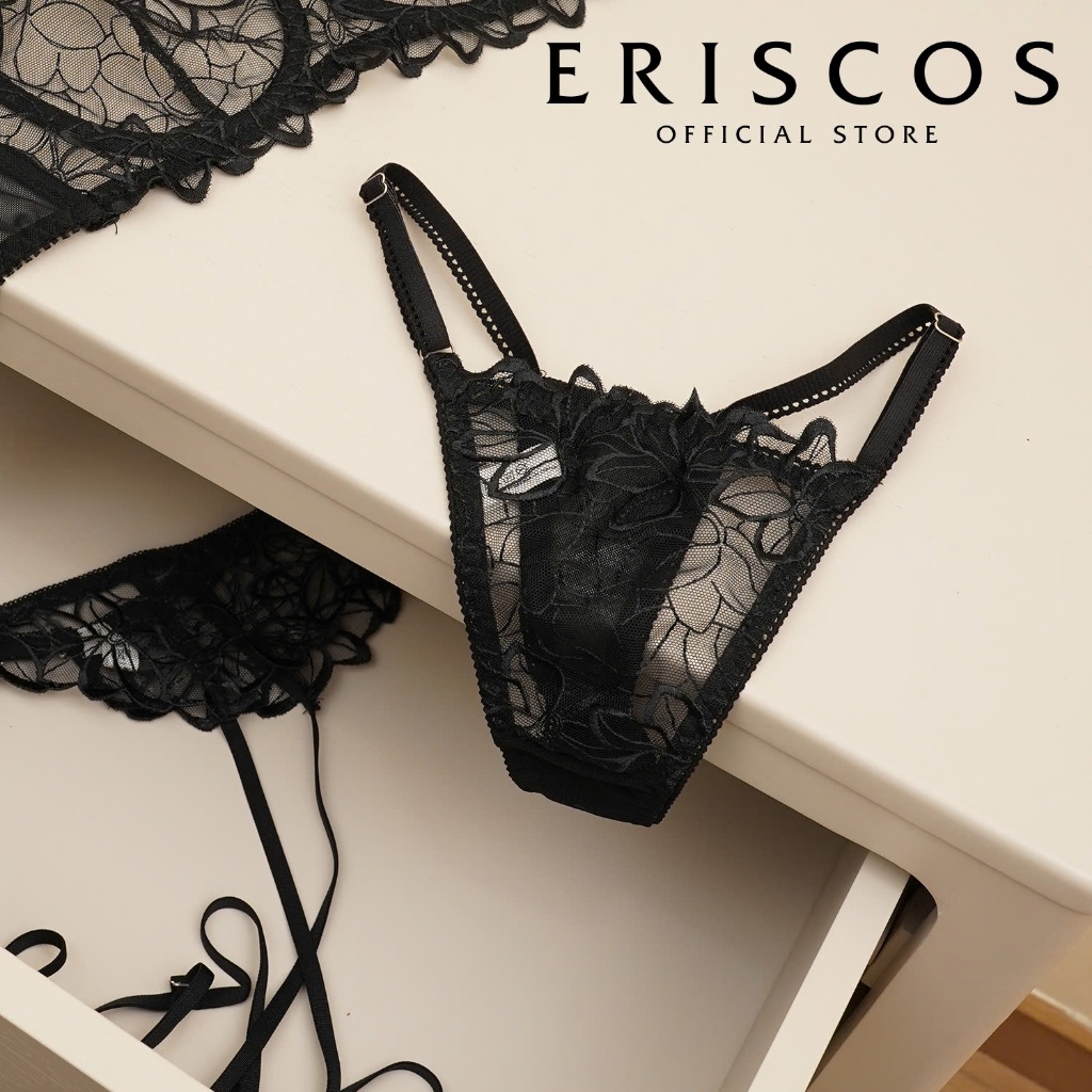 Black rose - Bộ đồ lót ren thuê đen ERISCOS có gọng nâng thiết kế tối giản xuyên thấu hoạ tiết sang trọng