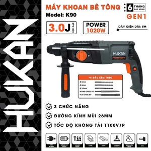 Bộ máy khoan bê tông 3 chức năng HUKAN K90, Công suất cực đại 1020w Lực đập 3.0jun - Tặng kèm 5 mũi