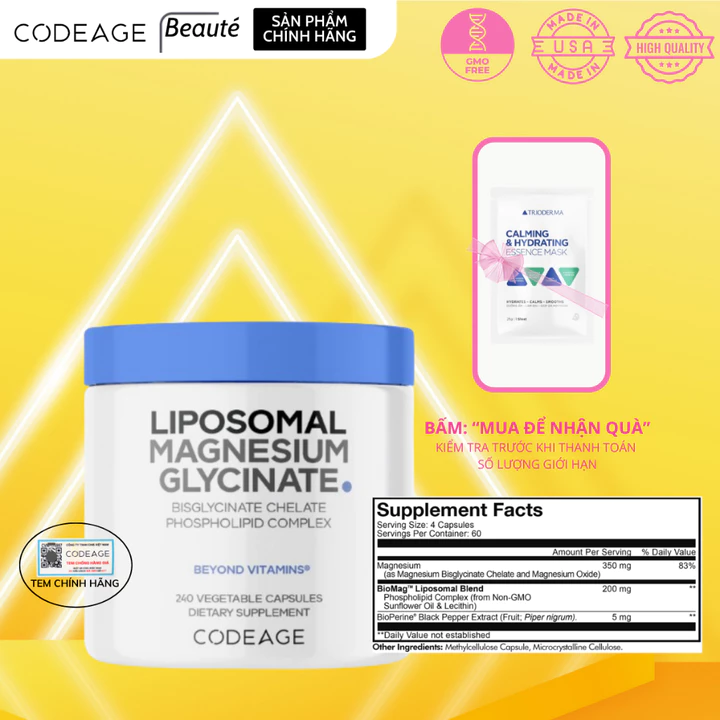 Viên uống Codeage Liposomal Magnesium Glycinate Hỗ Trợ Tập Gym, Giấc Ngủ, Giảm Stress 240v - beaute