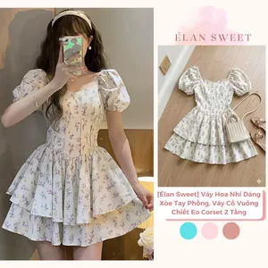 Váy Hoa Nhí Dáng Xòe Tay Phồng, Váy Cổ Vuông Chiết Eo Corset 2 Tầng Tôn Dáng Tiểu Thư Đi Chơi Đẹp