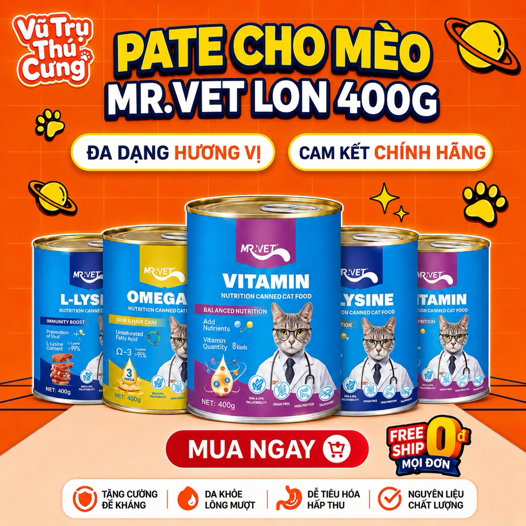 Pate Lon Cho Mèo Mọi Độ Tuổi Mr.Vet Bổ Sung Dinh Dưỡng Toàn Diện 400g - Thức Ăn Ướt Dành Cho Mèo