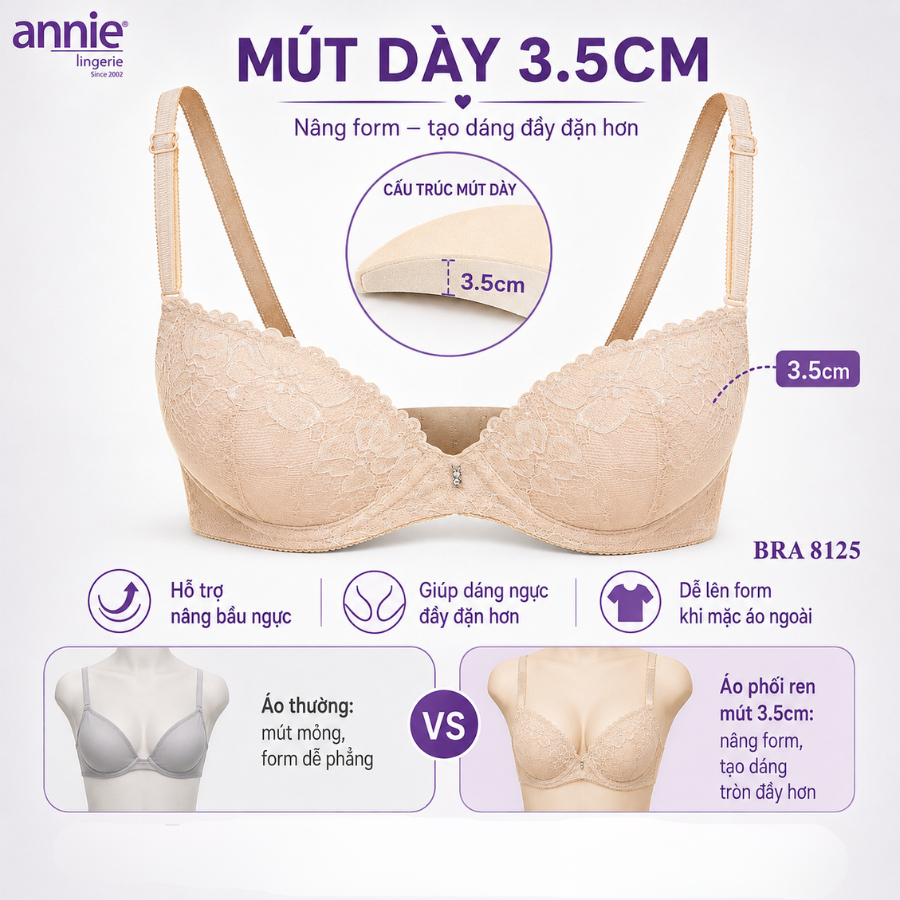Áo Ngực Nữ Phối Ren Siêu Push-Up annie bra 8125 Mút Dày 3.5cm Nâng Đẩy Tạo Khe Tự Nhiên Quyến Rũ