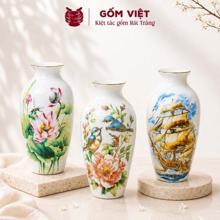 Bình, lọ hoa vẽ tay cao cấp nhiều họa tiết, viền chỉ vàng cao 30cm - Gốm sứ Bát Tràng - Gốm Việt