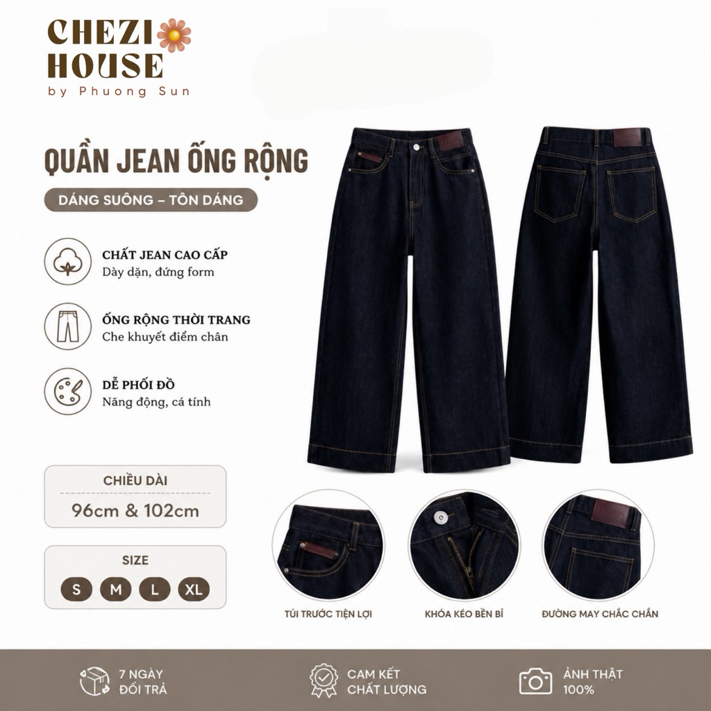 Quần Jean Suông Nữ CHEZI HOUSE Phối Mác Đỏ Lưng Cao Tôn Dáng Che Khuyết Điểm #8256 #8302  Màu Xanh Than Denim
