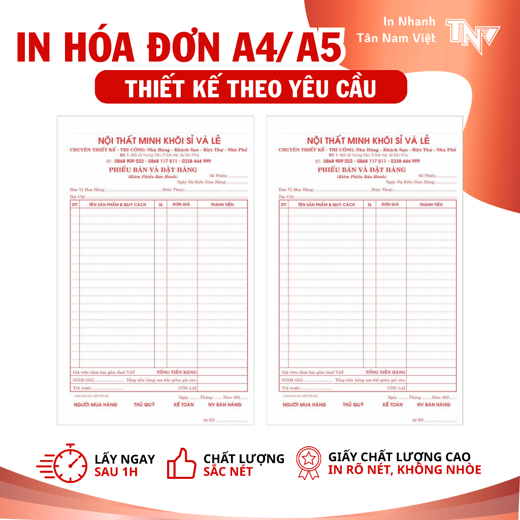 HÓA ĐƠN A4/A5 2 LIÊN 3 LIÊN THIẾT KẾ THEO YÊU CẦU