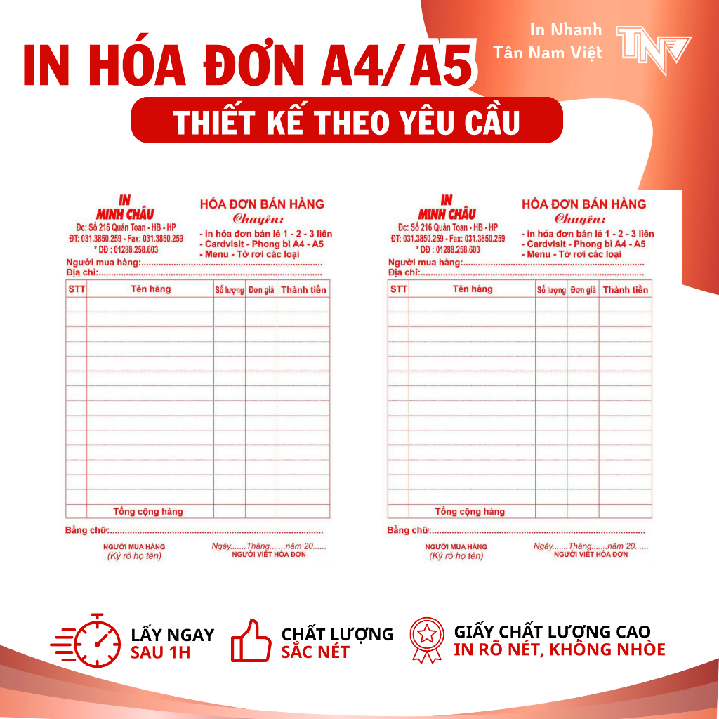 HÓA ĐƠN A4/A5 2 LIÊN 3 LIÊN THIẾT KẾ THEO YÊU CẦU