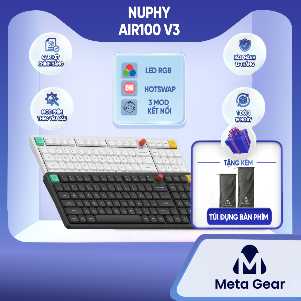 [CHÍNH HÃNG] Bàn phím cơ không dây Nuphy Air100 V3 - Bàn phím Fullsize, Low profile siêu mỏng, 3 mode kết nối, Núm xoay