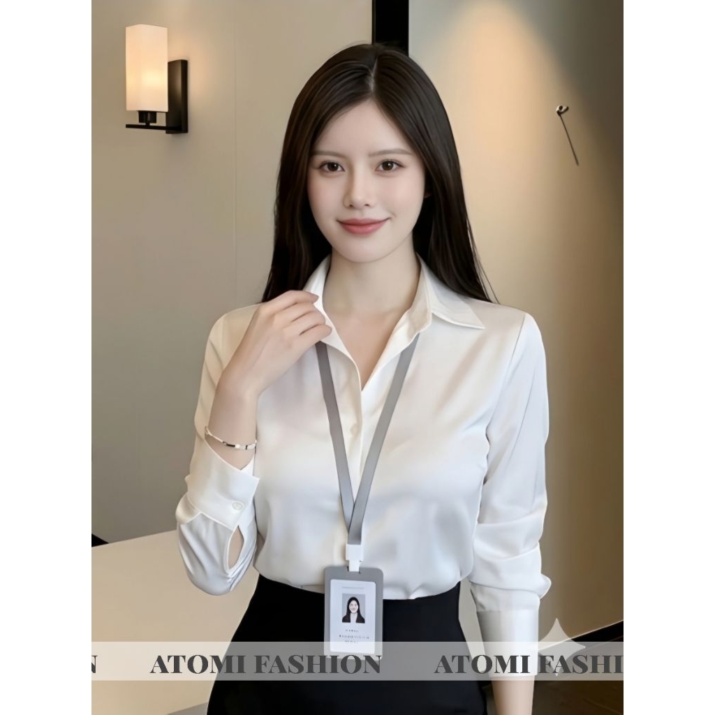 Sơ Mi trắng tay dài ATOMI vải lụa 100D cao cấp loại 1, vải không nhăn mềm mịn mát form đẹp tôn dáng sang trọng CHIẾT EO