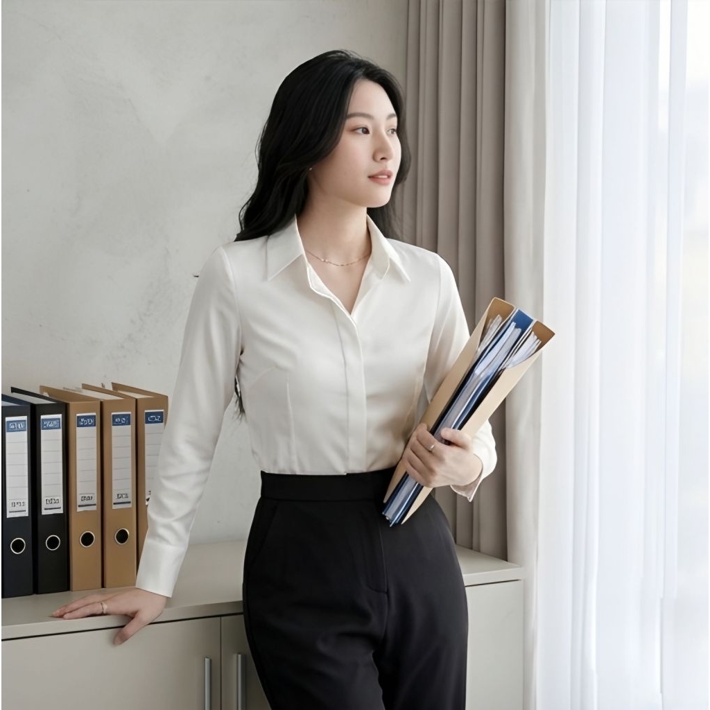 Áo sơ mi nữ màu trắng ôm chiết eo tay dài công sở kiểu giấu cúc chất co dãn nhẹ không lộ CHIẾT EO DÀI TAY