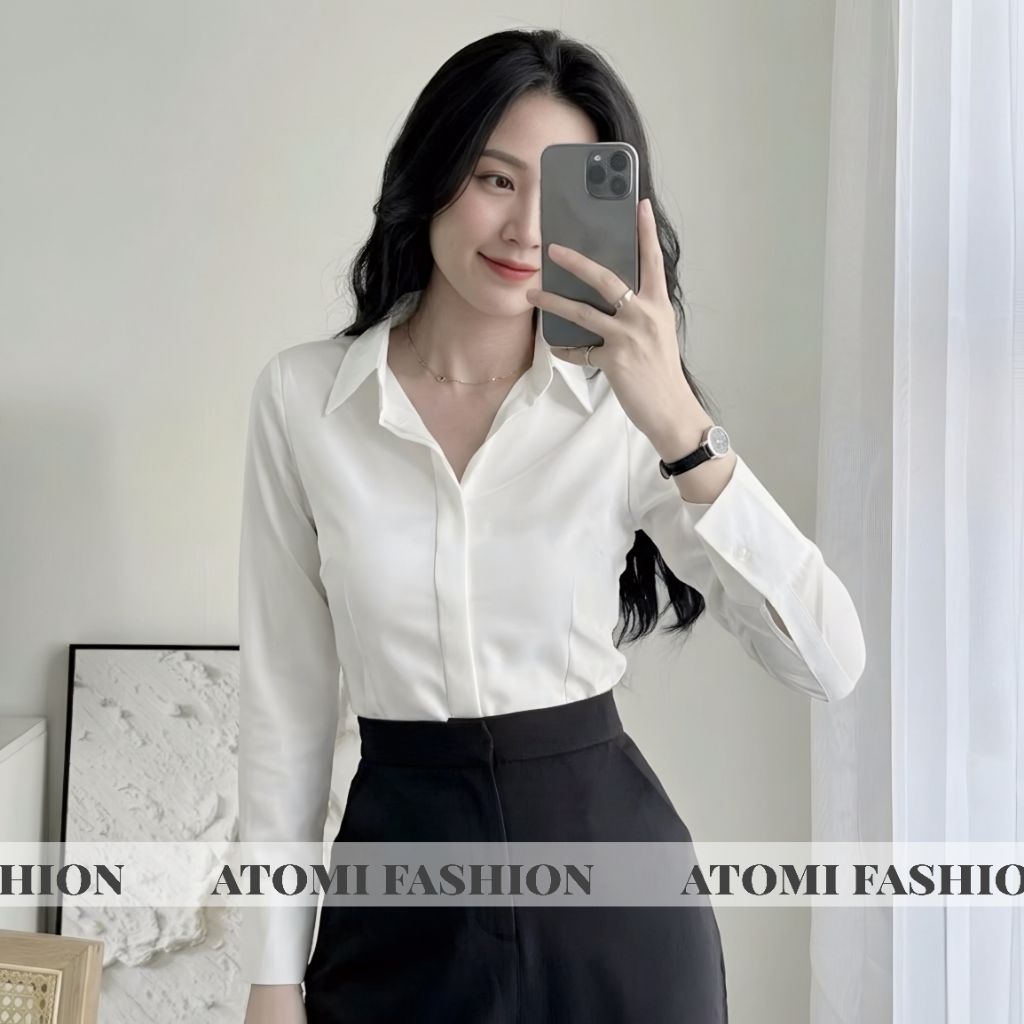 Áo sơ mi nữ màu trắng ôm chiết eo tay dài công sở kiểu giấu cúc chất co dãn nhẹ không lộ CHIẾT EO DÀI TAY