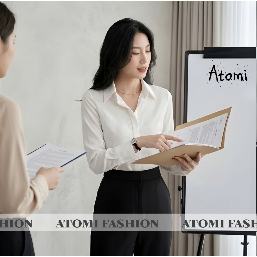 Áo sơ mi nữ màu trắng ôm chiết eo tay dài công sở kiểu giấu cúc chất co dãn nhẹ không lộ CHIẾT EO DÀI TAY