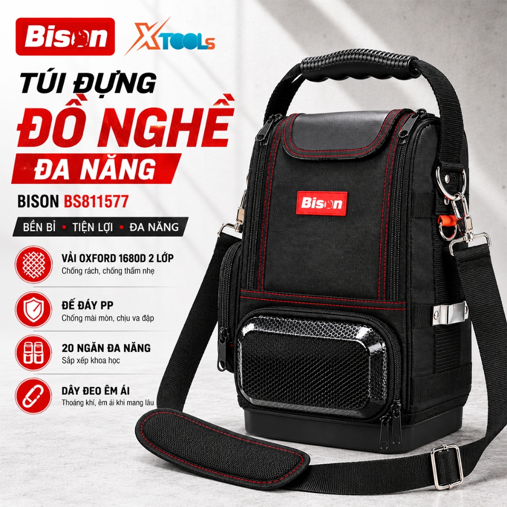 Túi đựng đồ nghề điện, kỹ thuật, đồ nghề sữa chữa đa năng BISON BS811577 vải OFORD 1680D đế nhựa PP, có dây đeo