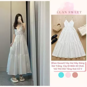 Váy Hai Dây Dáng Dài Trắng, Váy Đi Biển Đi Chơi, Vải Thô Đũi Tầng Xoè Cổ V Đẹp Đi Chơi Du Lịch Sang Chảnh