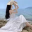 Váy Hai Dây Dáng Dài Trắng, Váy Đi Biển Đi Chơi, Vải Thô Đũi Tầng Xoè Cổ V Đẹp Đi Chơi Du Lịch Sang Chảnh