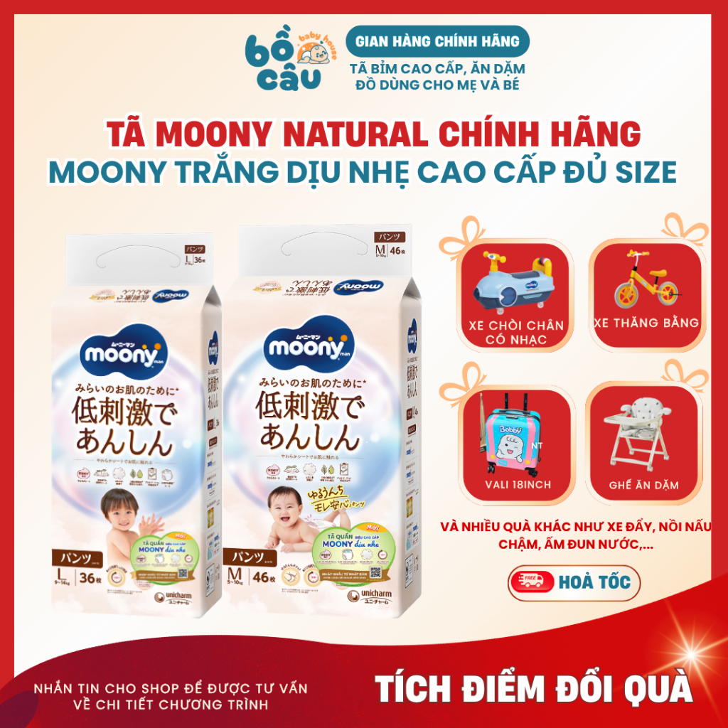 Tã Moony Natural, Moony trắng Dịu Nhẹ cao cấp Nhật Bản siêu thấm hút, chống hăm đủ size NB/S/M/L/XL