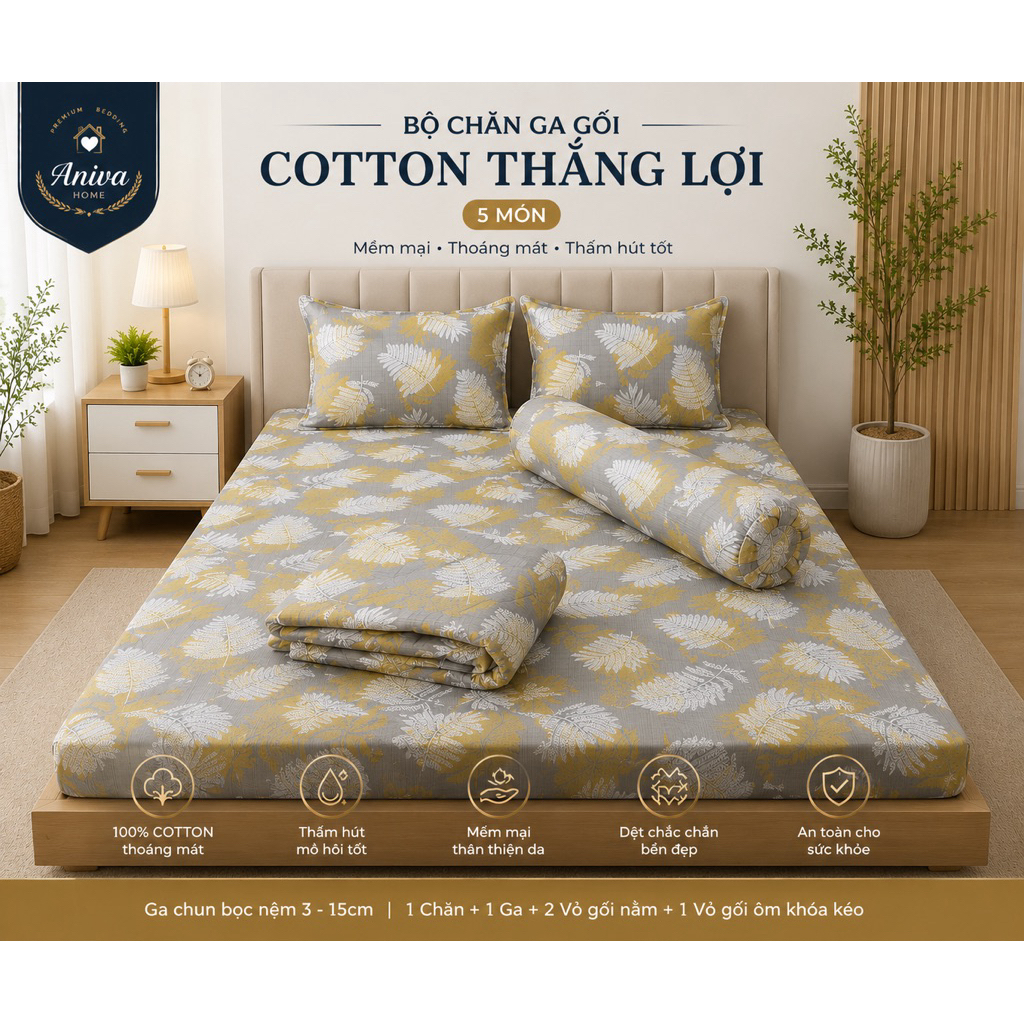 Ga Bọc Nệm Cotton Thắng Lợi Aniva Home Size 1m6 1m8, Bo Chun 4 Góc, Cotton Thoáng Mát Bền Đẹp