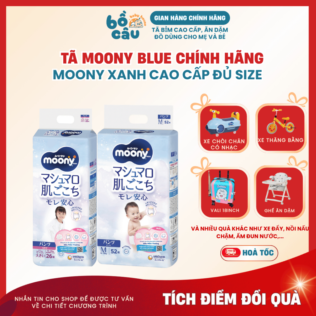 Tã/Bỉm Moony Xanh Nhật Bản chính hãng, tã Dán/Quần khô thoáng cả ngày size NB đến size 3XL