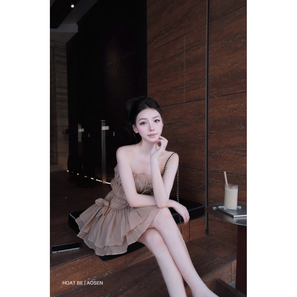 Váy tơ quây phối chun đính hoa tiểu thư