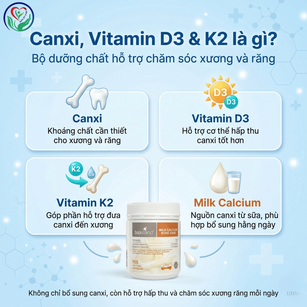 Canxi Bio Island Milk Calcium Bone Care 150 viên bổ sung Canxi D3 K2 hỗ trợ xương răng chắc khỏe