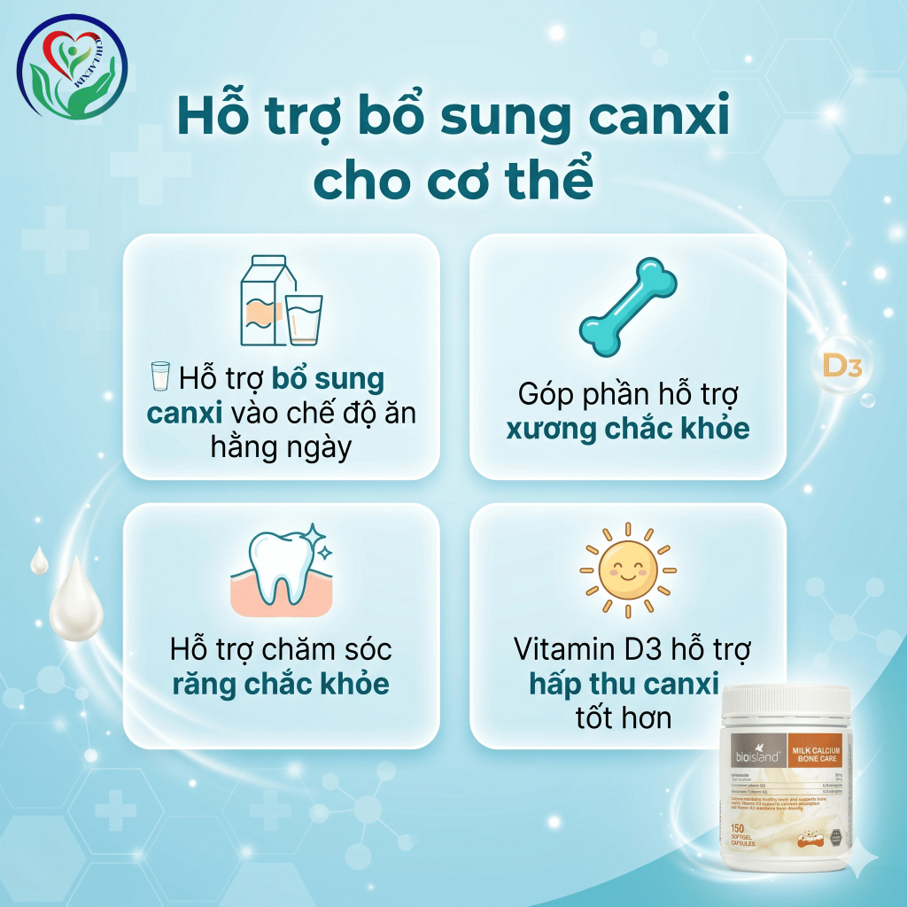 Canxi Bio Island Milk Calcium Bone Care 150 viên bổ sung Canxi D3 K2 hỗ trợ xương răng chắc khỏe