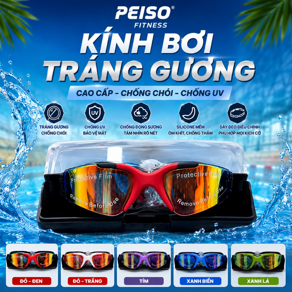 Kính bơi PEISO FITNESS tráng gương cao cấp, chống lóa và sương mờ tốt, nhìn cực trong