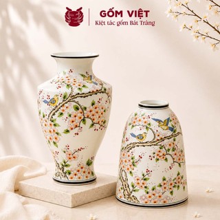 Bình, lọ hoa vẽ tay họa tiết chim bay lượn trên cành đào - Gốm sứ Bát Tràng - Gốm Việt Pottery