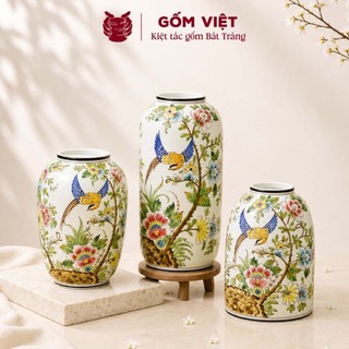 Bình, lọ hoa vẽ tay họa tiết chim phượng hoàng bay lượn giữa vườn hoa - Gốm sứ Bát Tràng - Gốm Việt