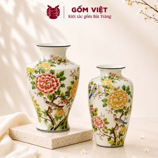 Bình, lọ hoa vẽ tay họa tiết chim phượng hoàng đậu giữa vườn hoa phú quý cao cấp - Gốm sứ Bát Tràng - Gốm Việt