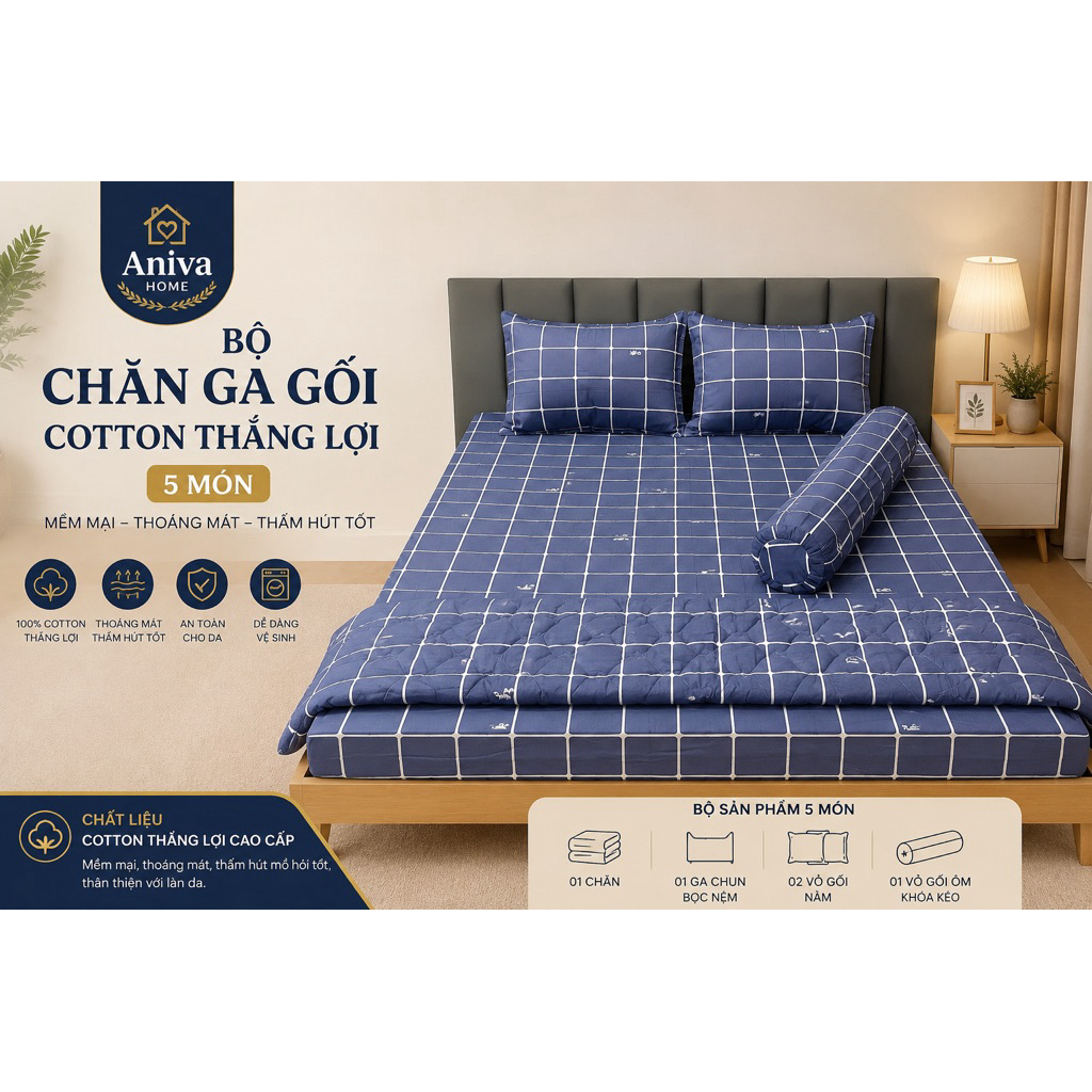 ANIVA HOME | Bộ Chăn Ga Gối Cotton Thắng Lợi 5 Món 1M6 Cao Cấp – Mềm Mại, Thoáng Mát, Thấm Hút Tốt