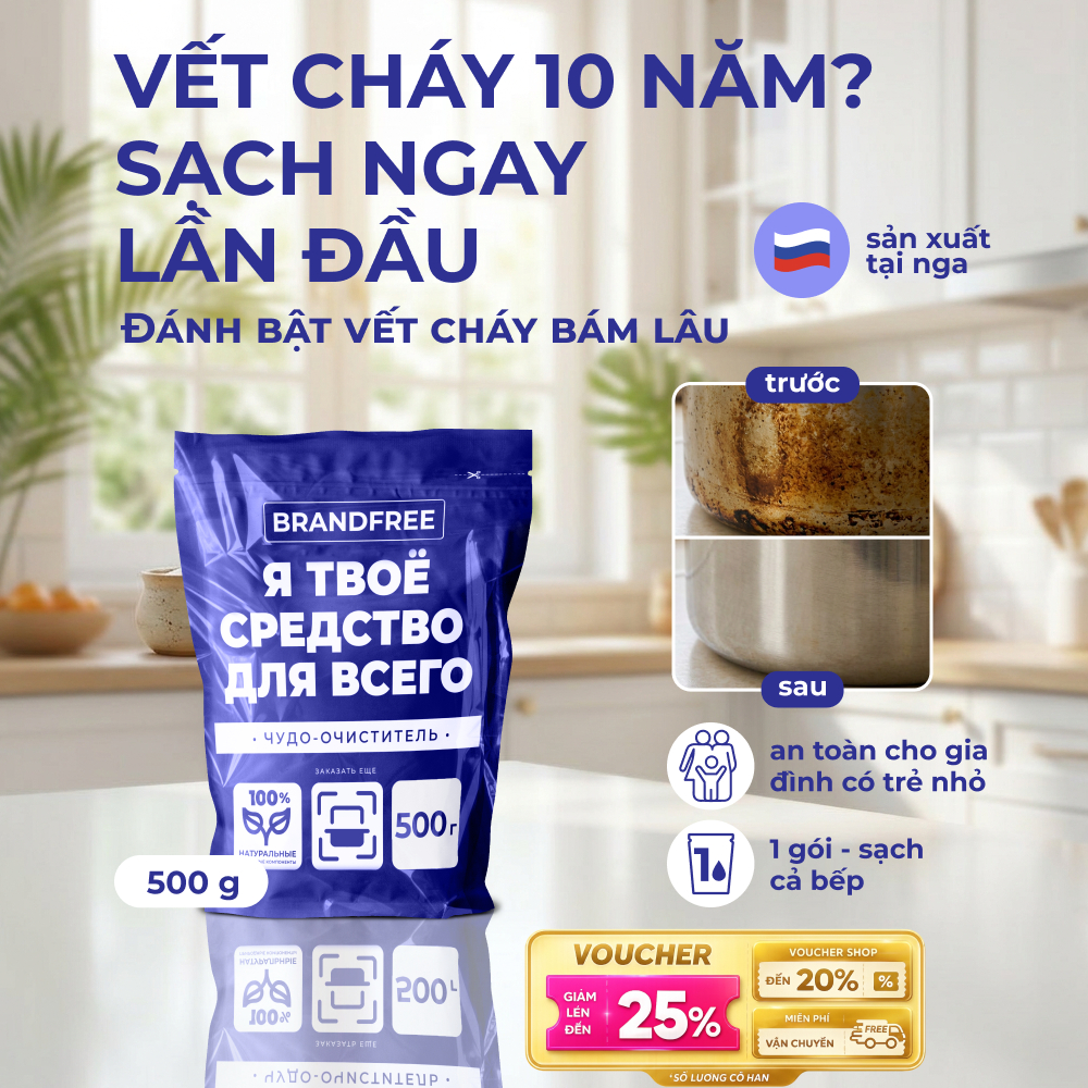 Bột Tẩy Dầu Mỡ Oxy Đa Năng BRANDFREE, Tẩy Xoong Nồi Cháy, Nhà Bếp, Nhà Tắm, Khử Mùi 500g/1kg
