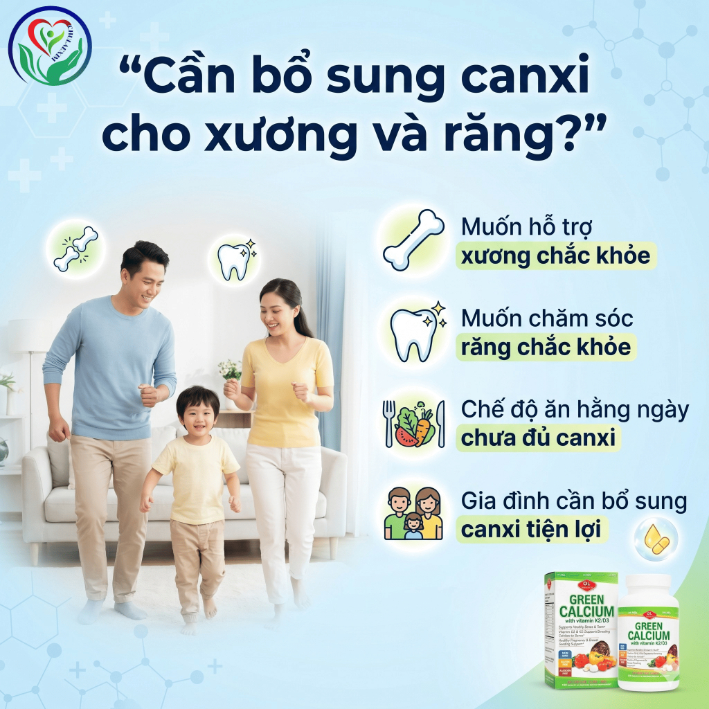 Green Calcium with Vitamin K2/D3 100 viên bổ sung canxi hữu cơ hỗ trợ xương răng chắc khỏe