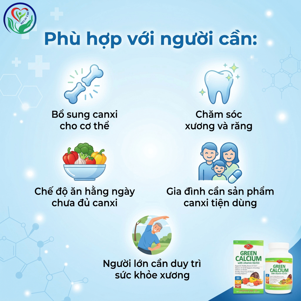 Green Calcium with Vitamin K2/D3 100 viên bổ sung canxi hữu cơ hỗ trợ xương răng chắc khỏe