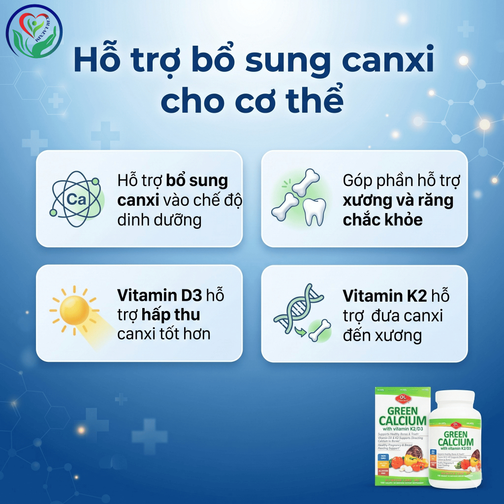 Green Calcium with Vitamin K2/D3 100 viên bổ sung canxi hữu cơ hỗ trợ xương răng chắc khỏe