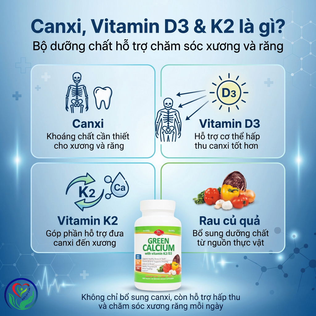 Green Calcium with Vitamin K2/D3 100 viên bổ sung canxi hữu cơ hỗ trợ xương răng chắc khỏe