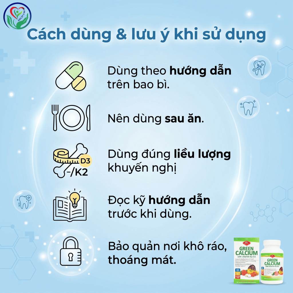 Green Calcium with Vitamin K2/D3 100 viên bổ sung canxi hữu cơ hỗ trợ xương răng chắc khỏe