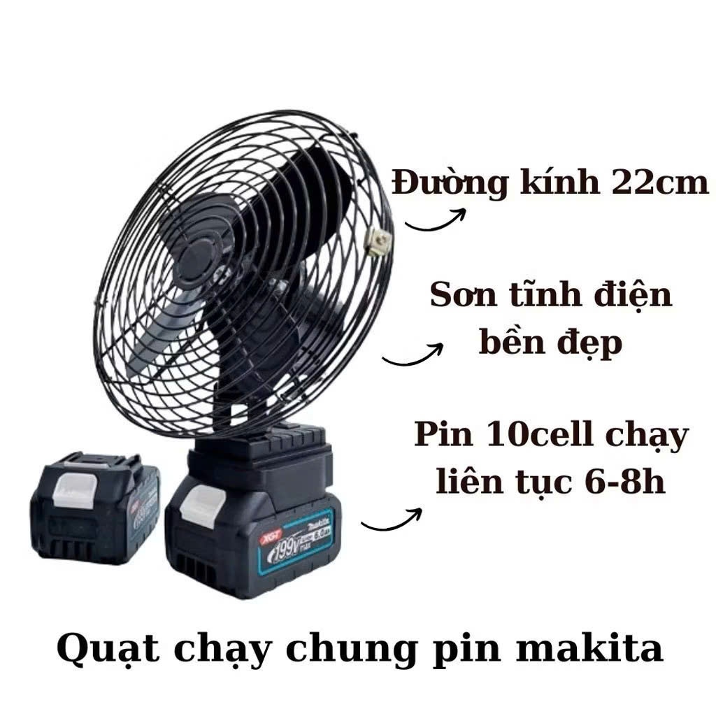 Quạt Tích Điện Makita 21V 8 Inch Lồng Sắt Cao Cấp | 2 Mức Gió | Pin Khỏe Dùng 2-6 Giờ | Kèm Sạc