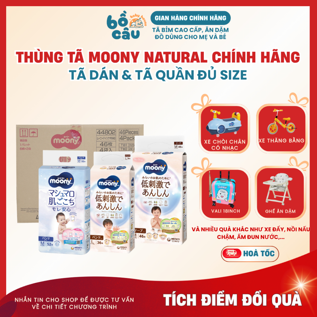 [Thùng Jumbo] Tã bỉm Moony trắng, Moony dịu nhẹ chính hãng Dán/Quần đủ size NB62/S58/M46/L36/XL32
