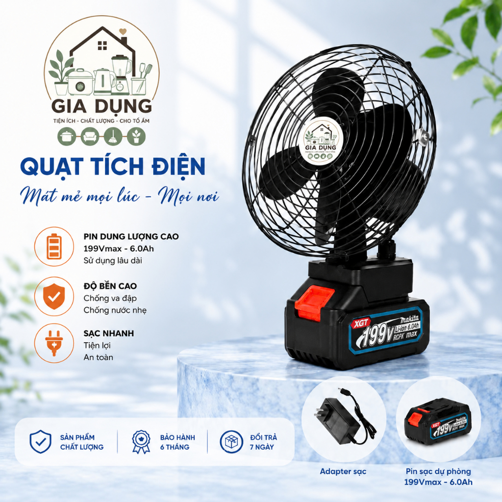 Quạt Tích Điện Makita 21V 8 Inch Lồng Sắt Cao Cấp | 2 Mức Gió | Pin Khỏe Dùng 2-6 Giờ | Kèm Sạc