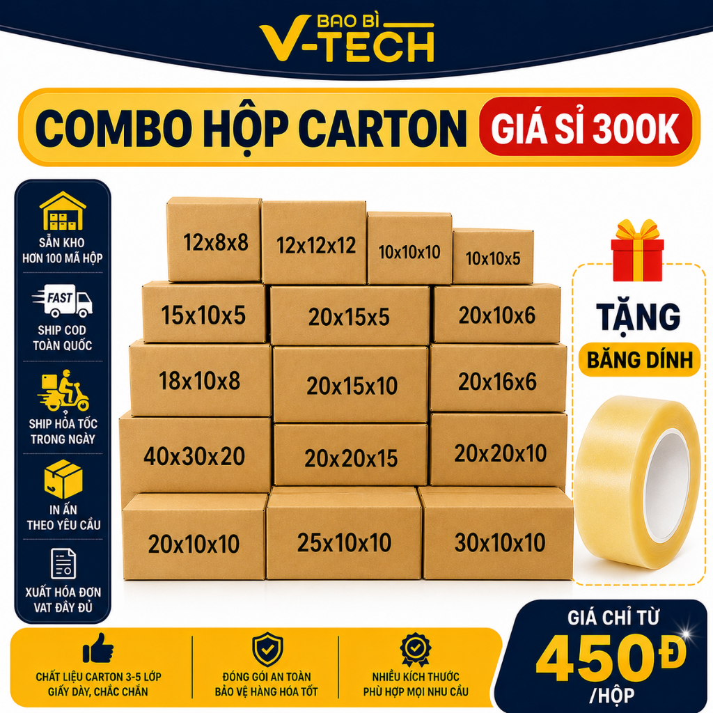 [COMBO] Hộp carton đóng hàng đồng giá 300k, hộp giấy gói hàng giá rẻ VTECH
