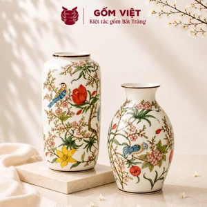 Bình, lọ hoa vẽ tay họa tiết chim én đậu giữa vườn hoa ngũ sắc cao cấp - Gốm sứ Bát Tràng - Gốm Việt