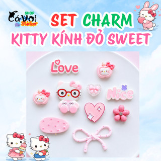 [ĐỘC QUYỀN] Set Charm Hello Kitty Kính Đỏ Sweet Pink Kawaii Cao Cấp, Love Nice Heart Bow Dễ Thương